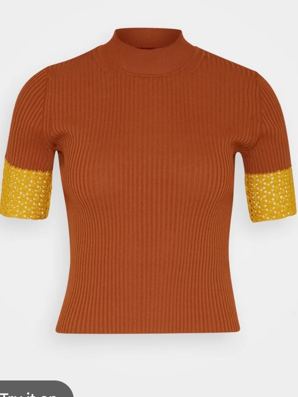 STAUD Ribbed Short Sleeve Top with Contrast Cuffs - Rust/Yellow size S